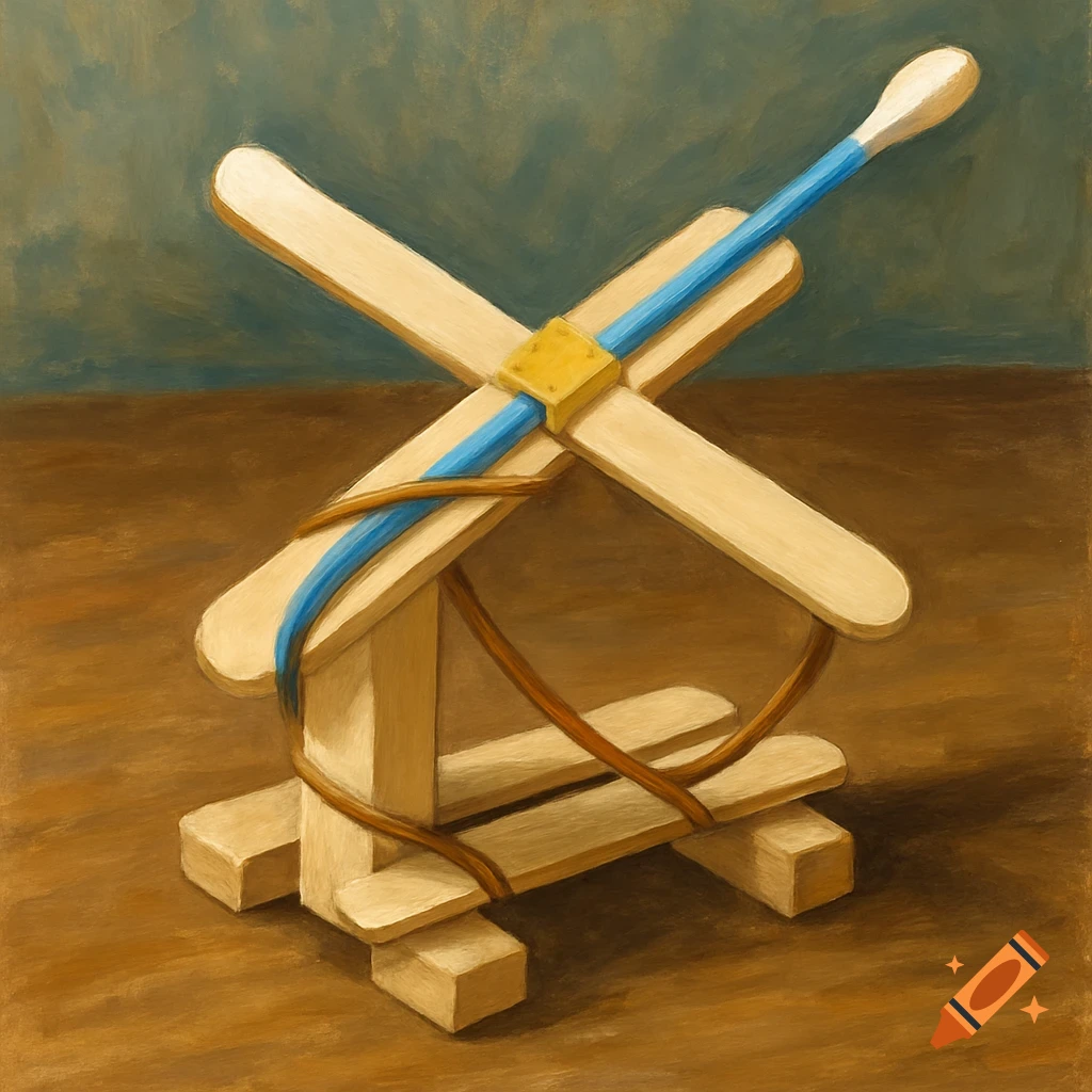 A small catapult model made from craft sticks, a rubber band, and a Q-tip, rendered in a painted style.