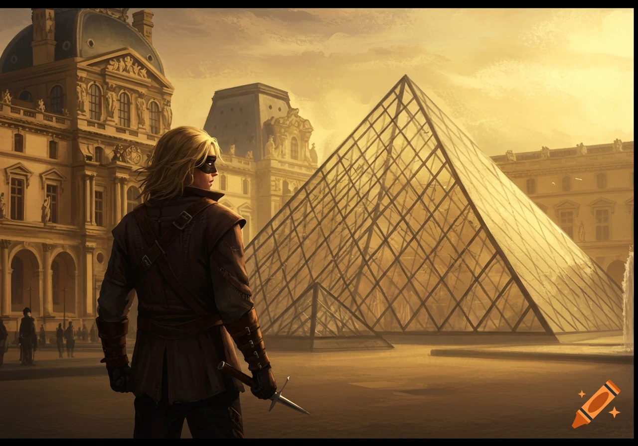 Masked figure with a sword stands before the Louvre pyramid in an illustration.