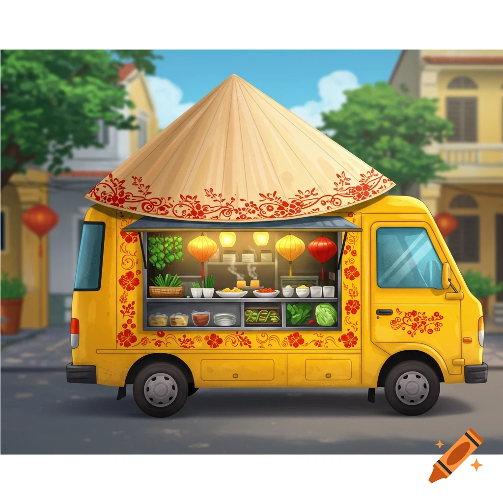 Illustration of a Vietnamese food truck with a conical hat shaped exterior selling food on a street.