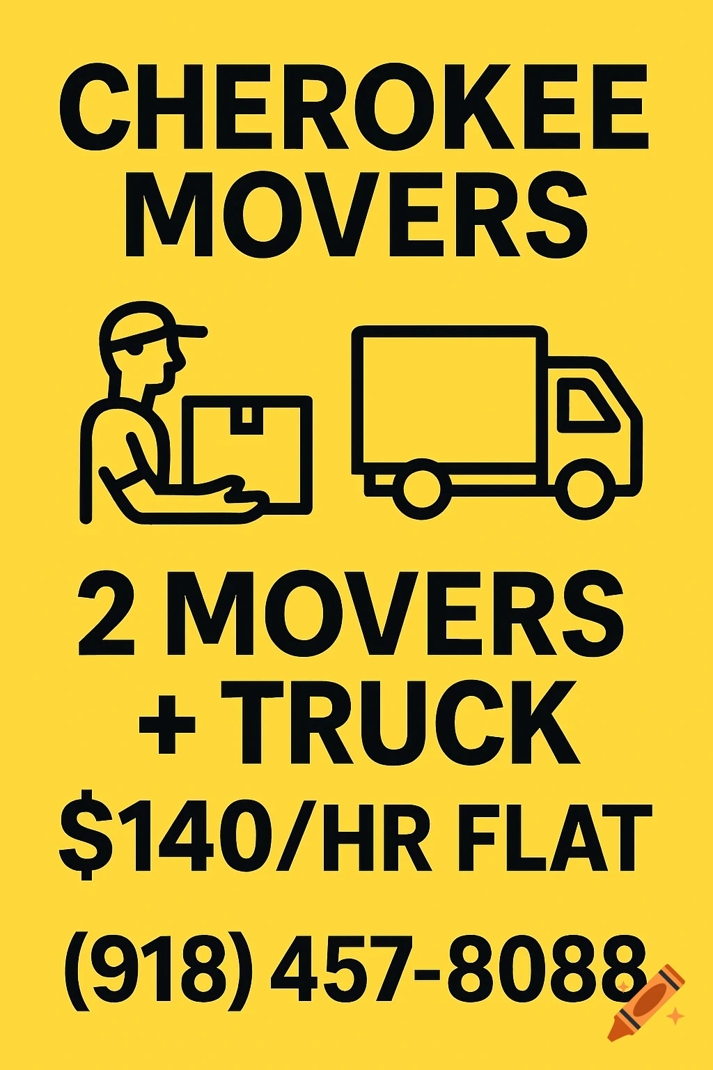 Advertisement for Cherokee Movers on a yellow background with black text and simple icons of a mover carrying a box and a moving truck.