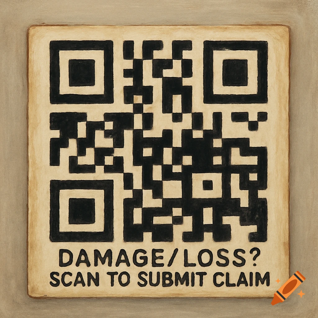 A QR code with the text 'Damage/Loss? Scan to submit claim' below it.
