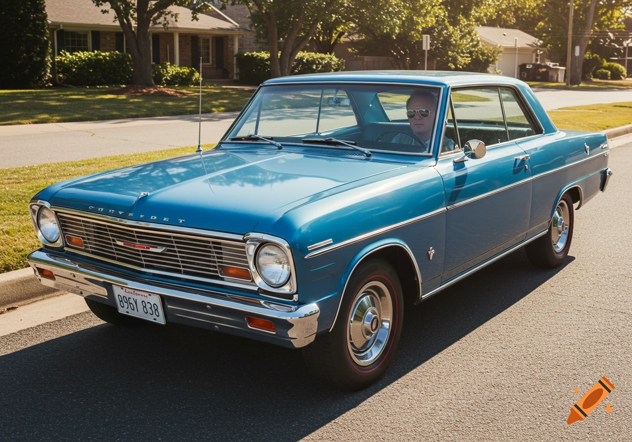 A blue classic Chevrolet car drives on a suburban street with a person wearing sunglasses at the wheel.