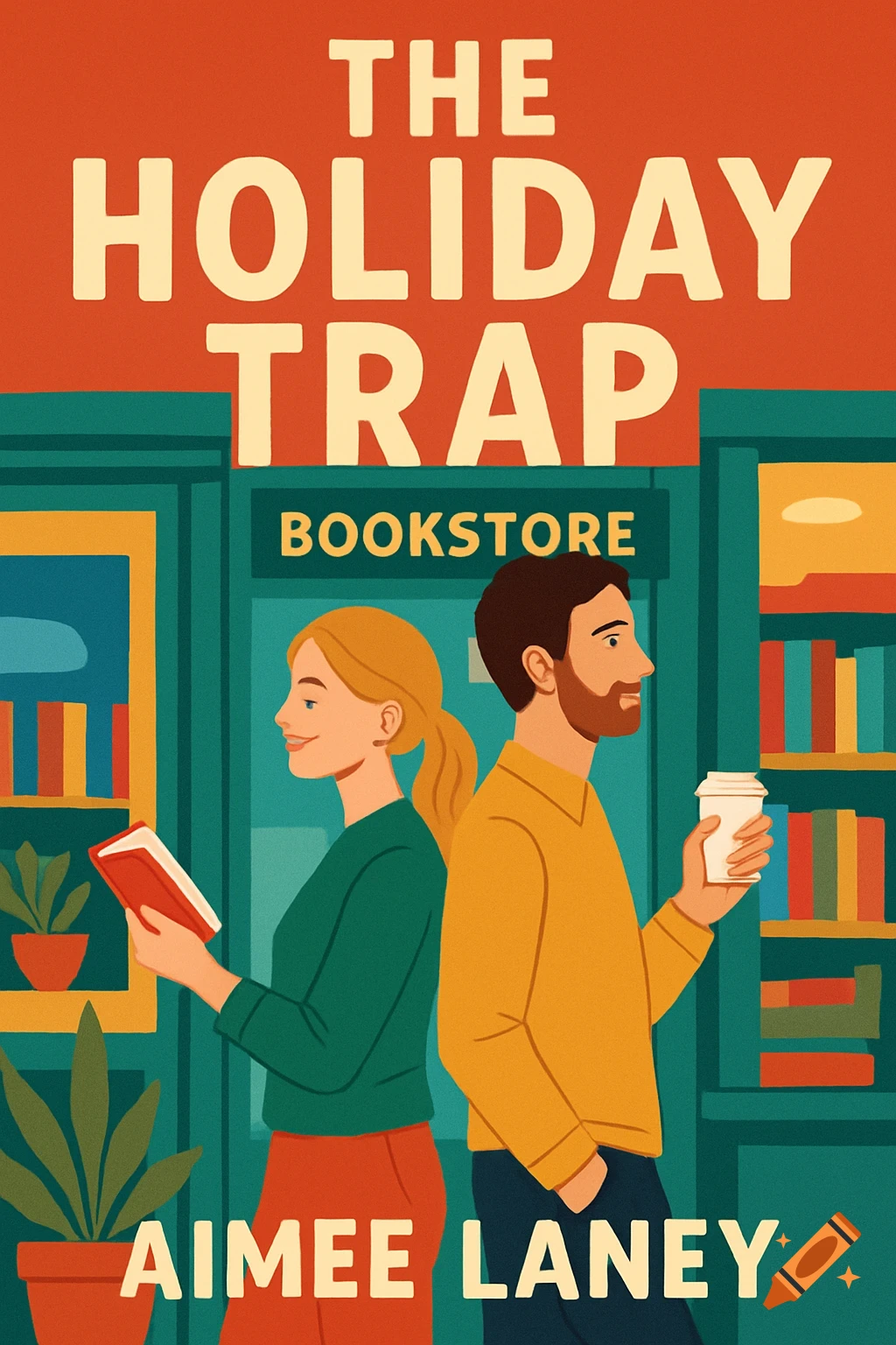 Illustration of a man and woman standing back-to-back in front of a bookstore, with text 'The Holiday Trap' and 'Aimee Laney'.