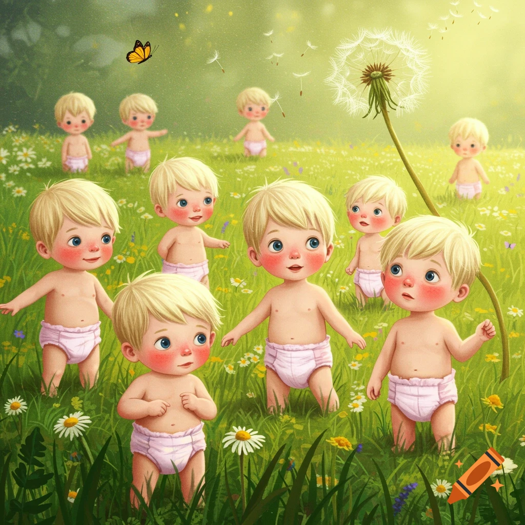 Illustration of cute babies in diapers standing in a grassy field with flowers, a large dandelion, and a butterfly.