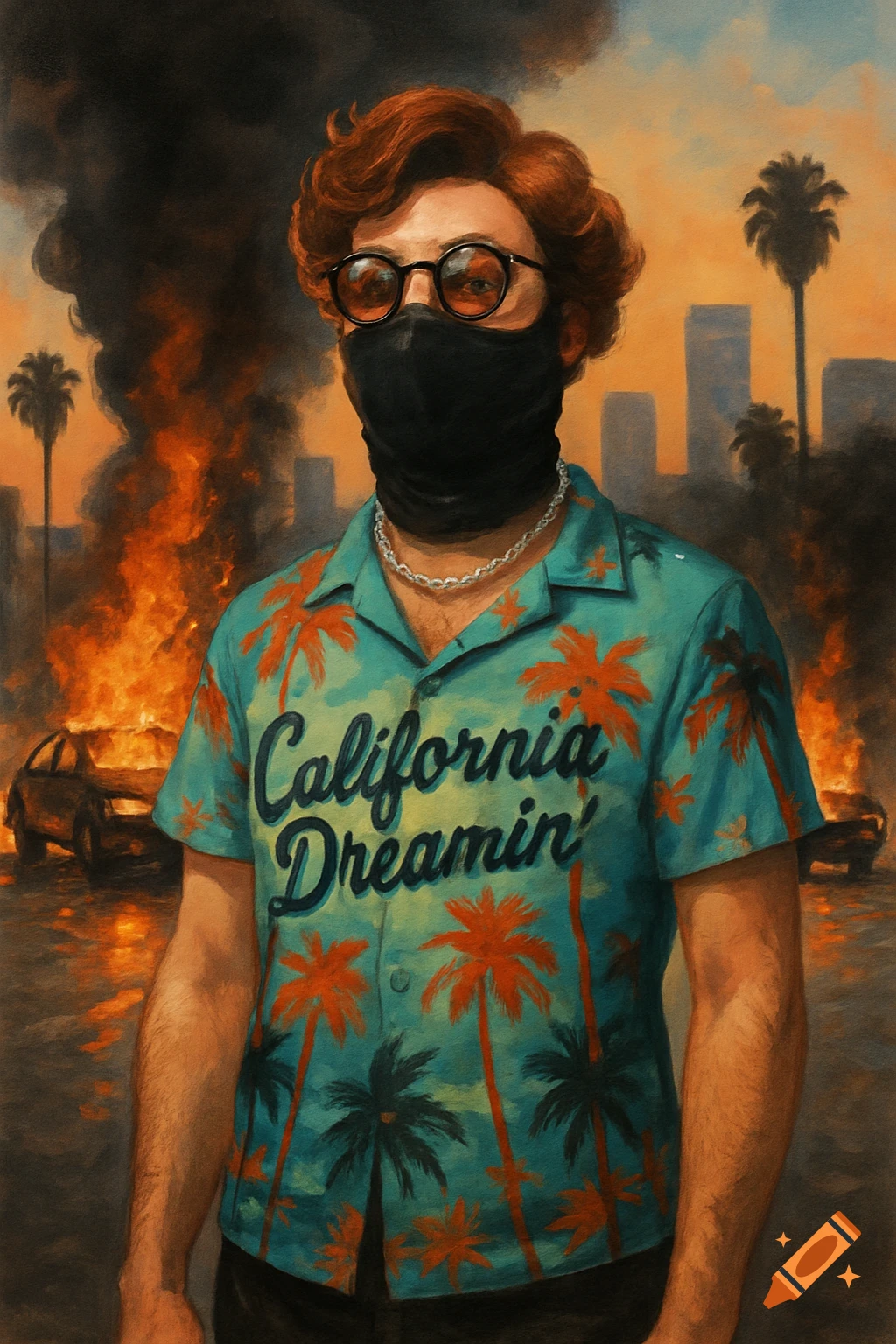 Painting of a masked person in a palm tree shirt standing in front of burning cars in a city.