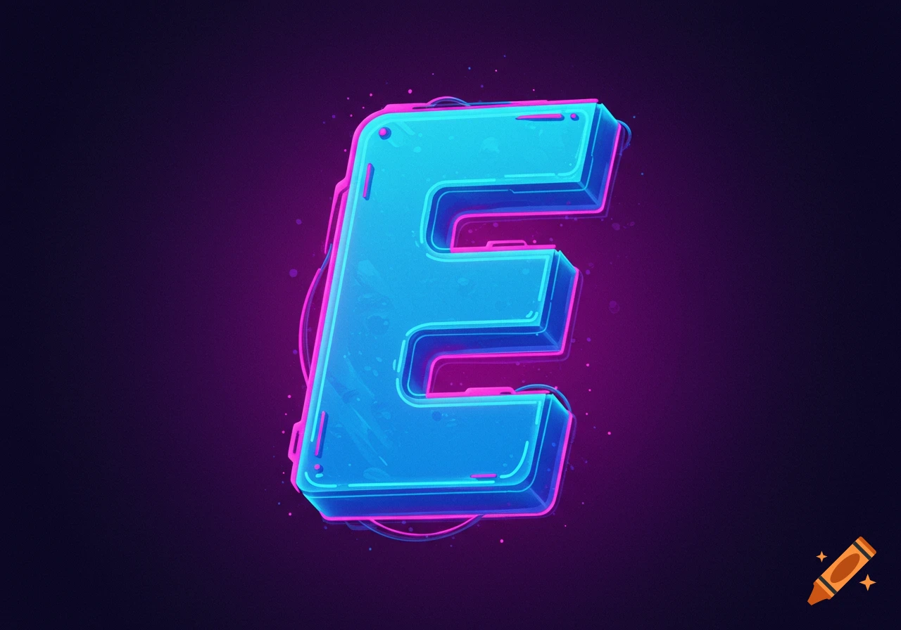 Stylized neon blue letter E with pink accents on a dark background