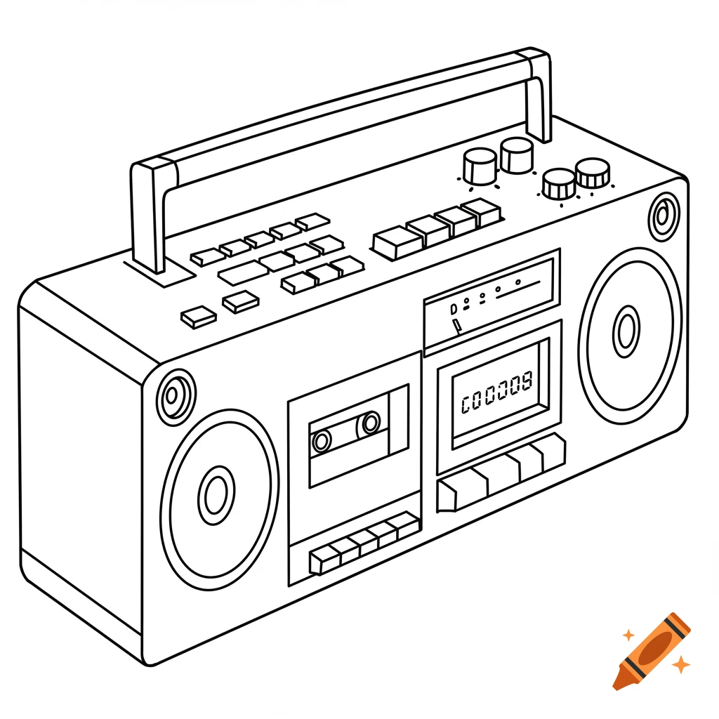 A line drawing of a boombox.