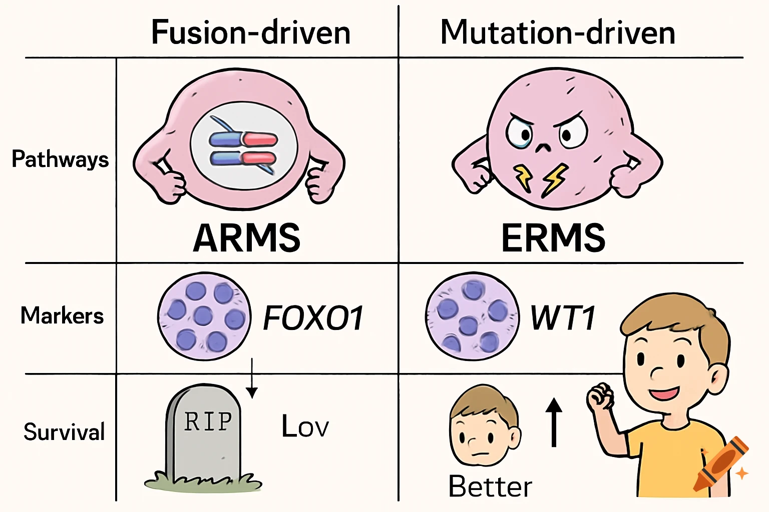 Cartoon comparison table of fusion-driven vs mutation-driven concepts in Pathways, Markers, and Survival.