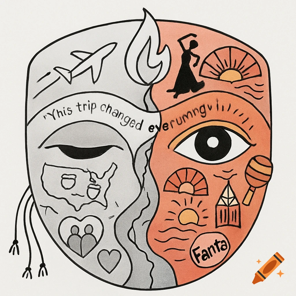 Stylized shield mask design split into two halves with travel and cultural symbols, featuring text.