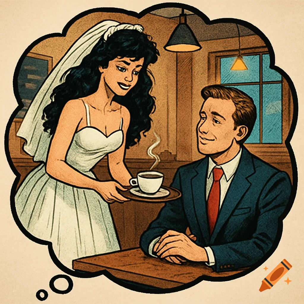 Comic book style illustration in a thought bubble of a woman in a wedding dress serving coffee to a man in a suit at a cafe.