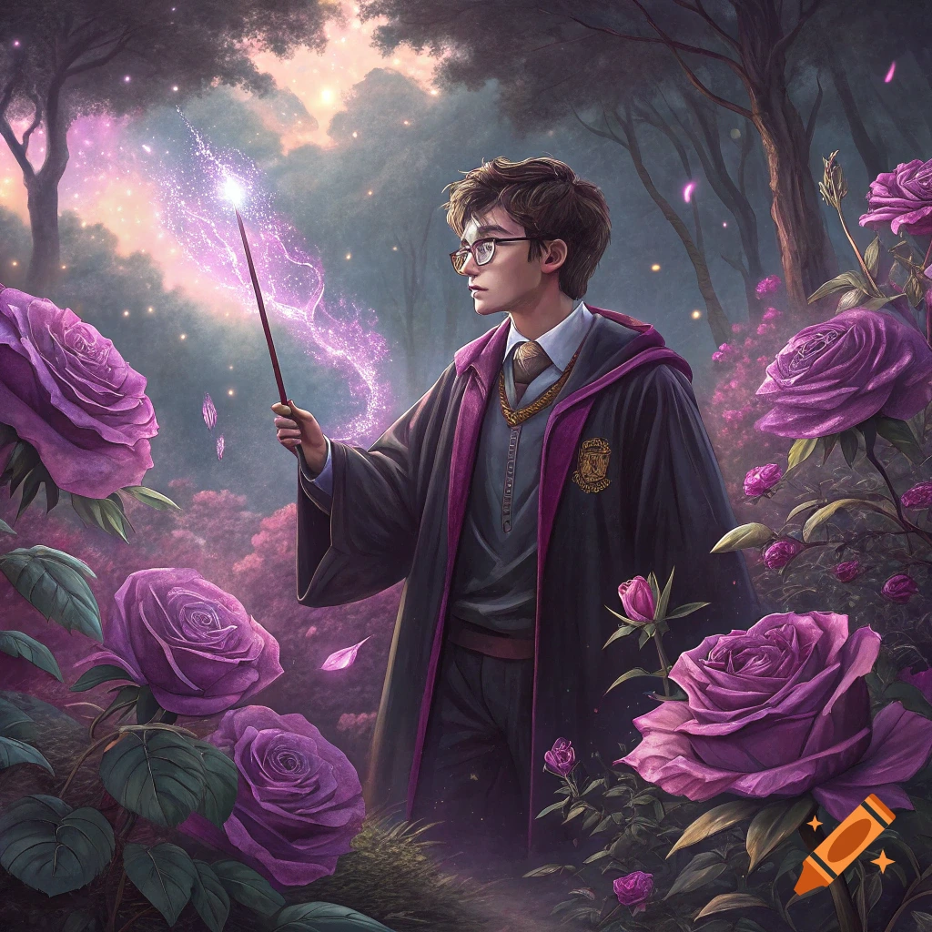 Young wizard casting a spell with a wand in a forest filled with large purple roses.