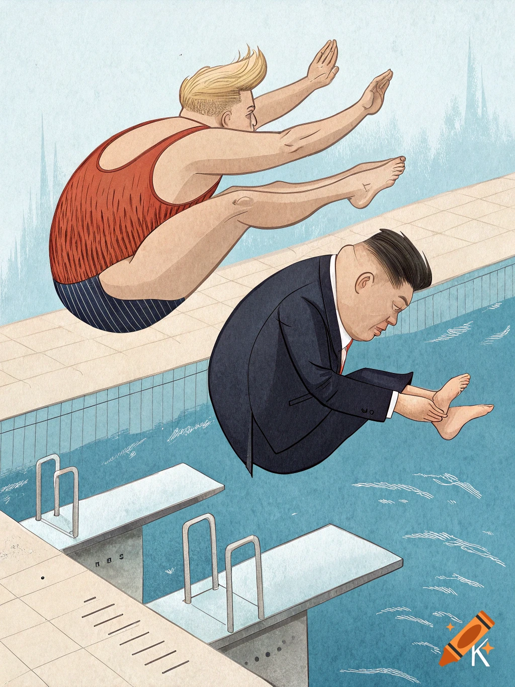 Illustration of Donald Trump in a swimsuit and Kim Jong Un in a suit diving into a swimming pool.
