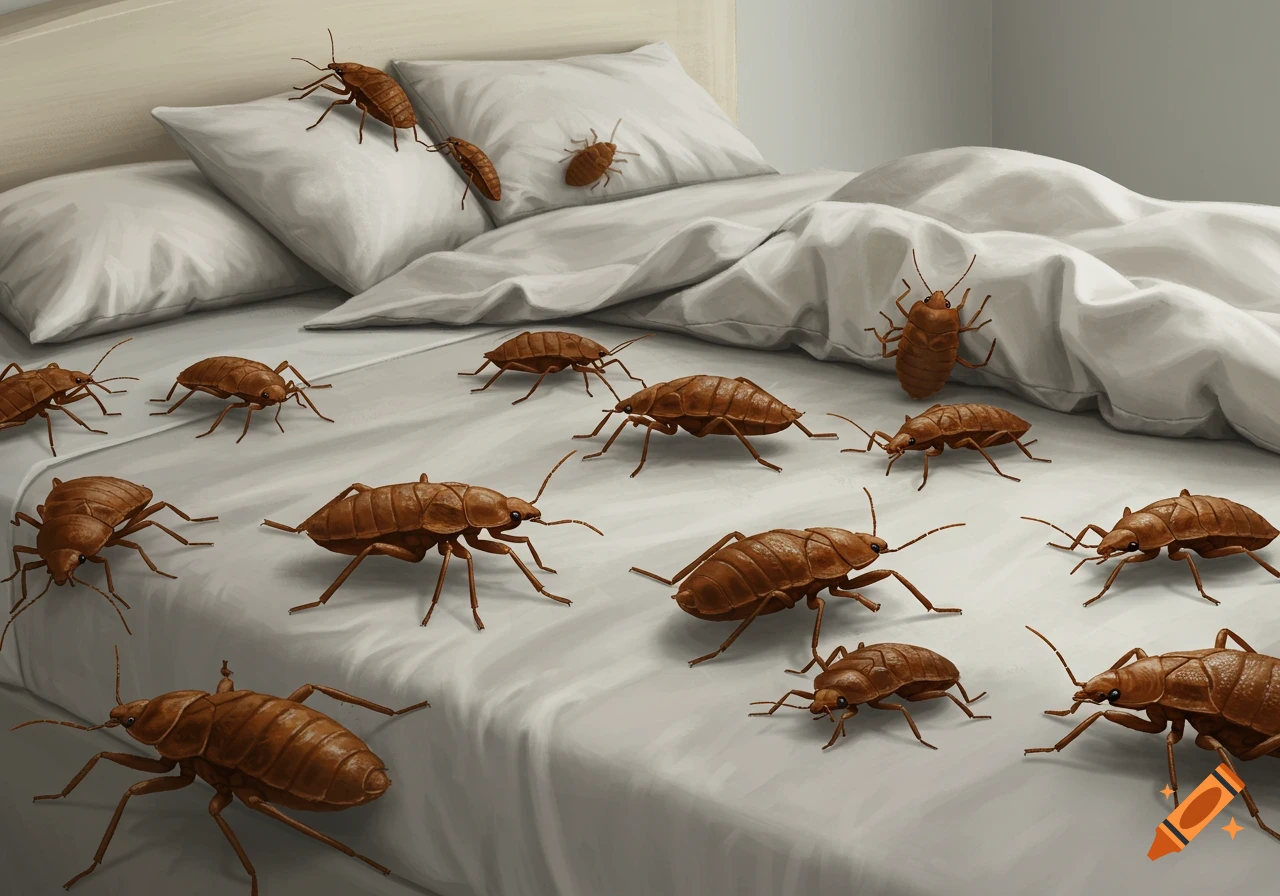 Realistic illustration of numerous brown insects, resembling bed bugs or cockroaches, crawling on a white bed.
