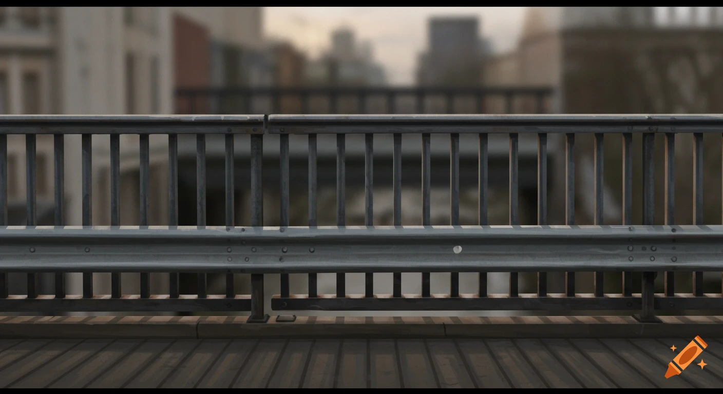 A metal guardrail on a bridge with a blurred city background.
