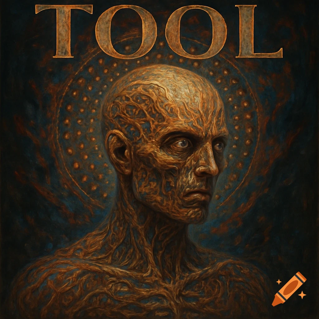 Artistic portrait of a bald figure with textured skin, with the word TOOL above.