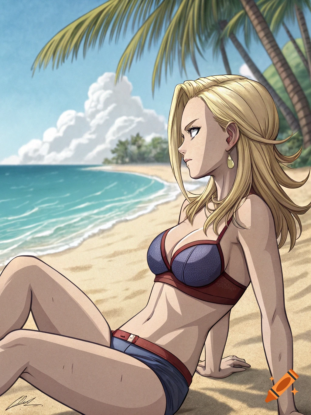 Anime style illustration of Android 18 in a bikini sitting on a tropical beach.