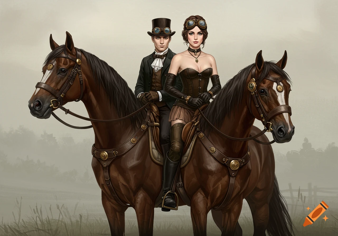 Two people in steampunk attire ride on horses in a misty field.
