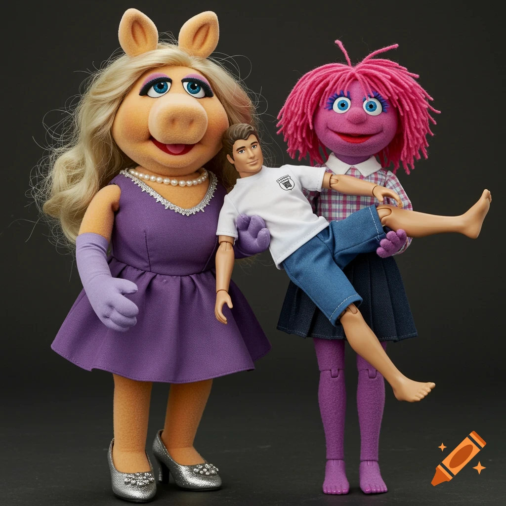 Two dolls, Miss Piggy and a pink-haired doll, each hold a male doll in a studio photo.