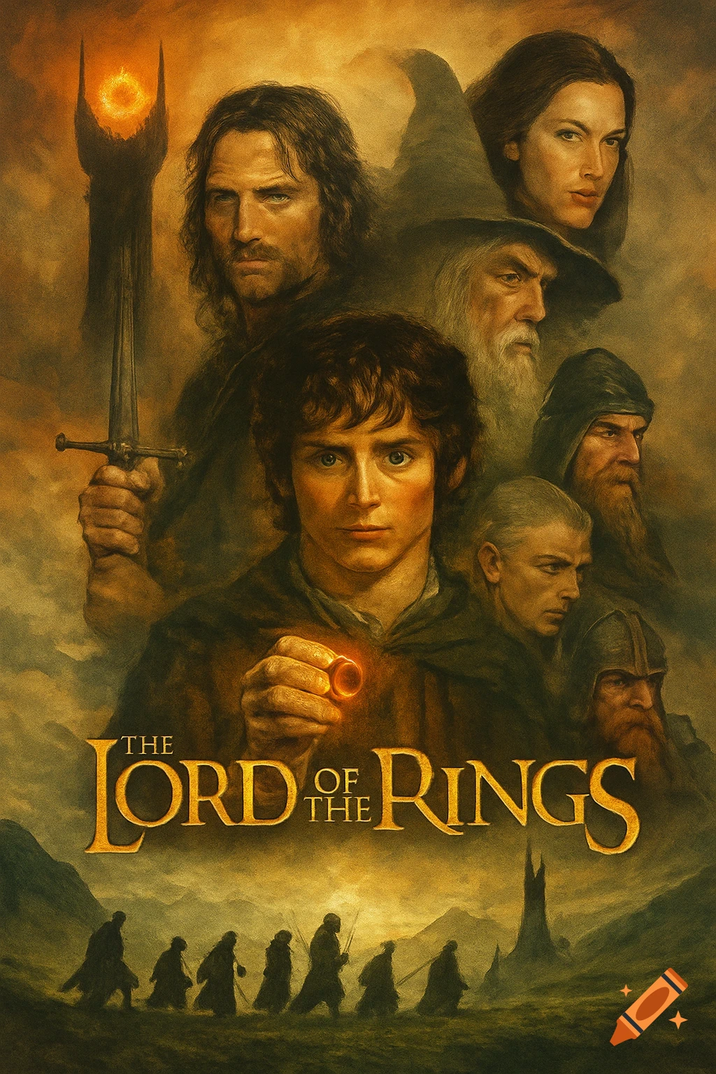 Movie poster style image featuring characters from The Lord of the Rings with the title.