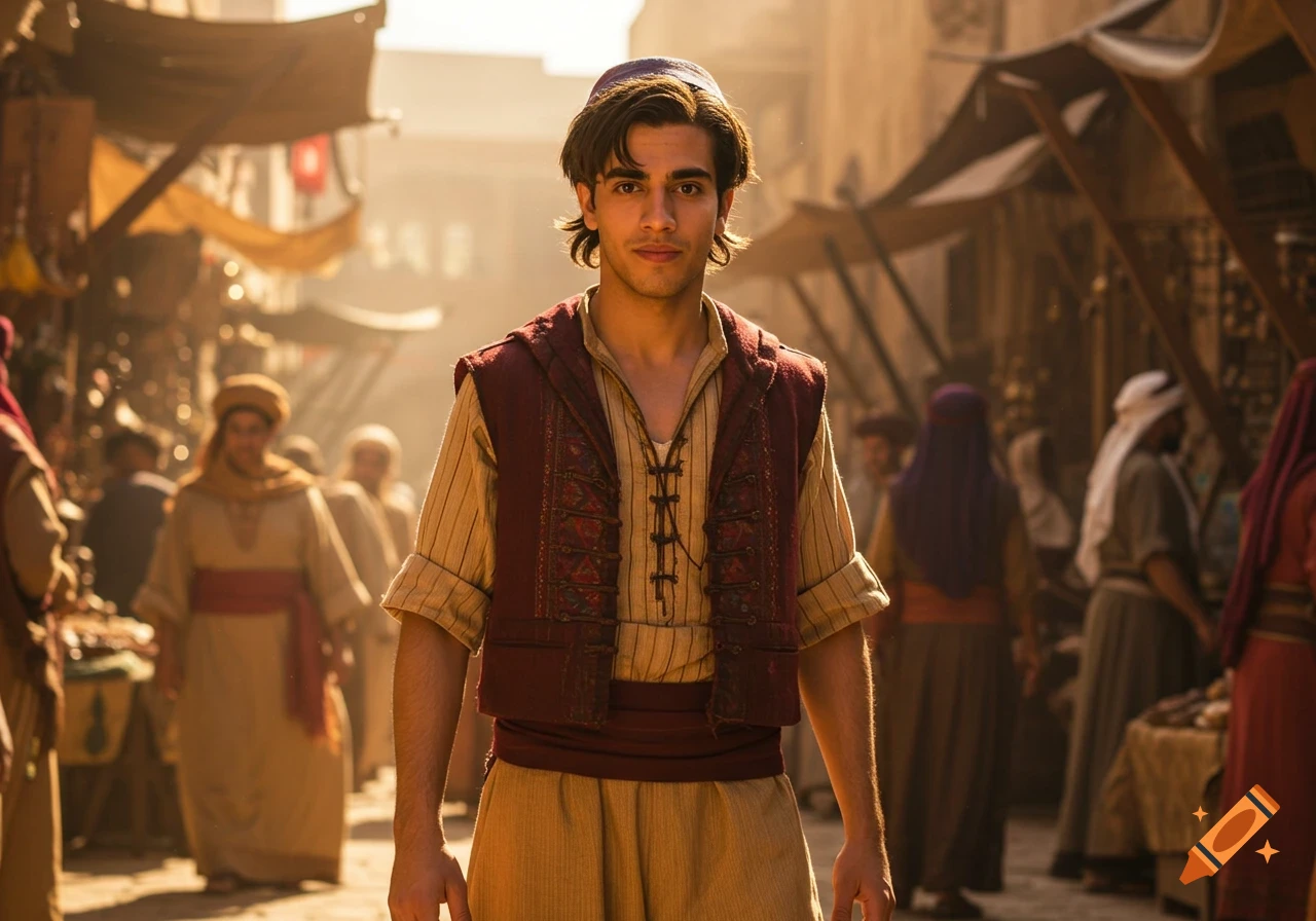 A young man dressed as Aladdin stands in a sunny, bustling market street.