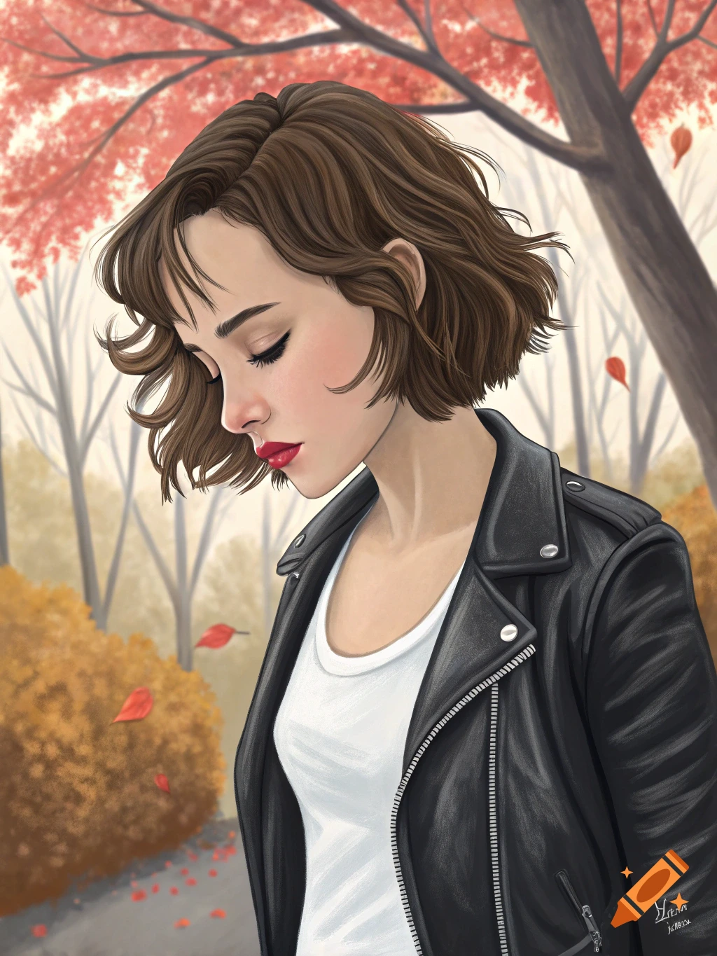 Stylized portrait of a woman with short brown hair wearing a leather jacket, looking down in an autumn park.