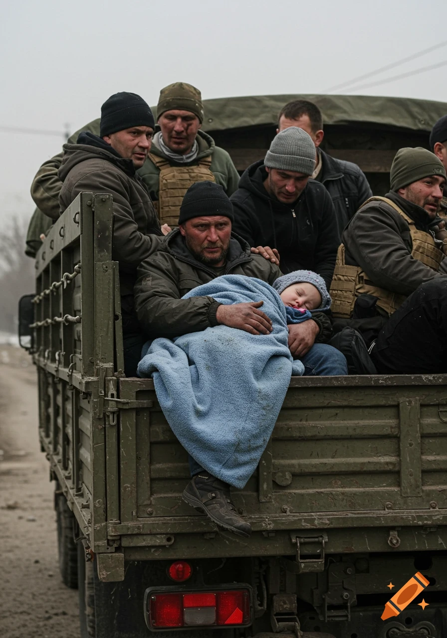 Men and a child ride in the back of an olive green truck. One man holds the child wrapped in a blue blanket.
