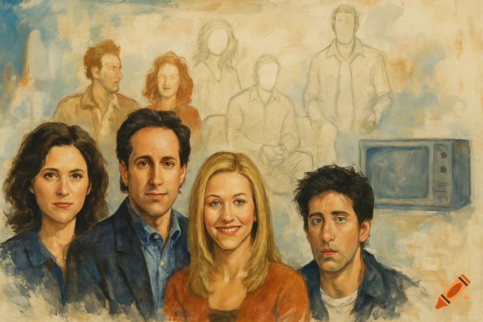 Painting of four people with unfinished sketches of others and a TV in the background