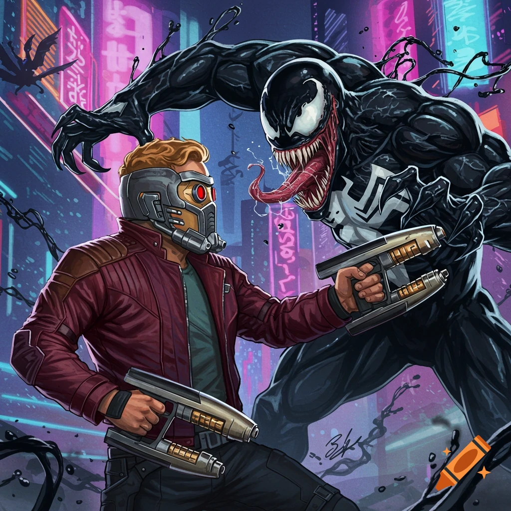 Star-Lord fights Venom in a cyberpunk city with neon signs.