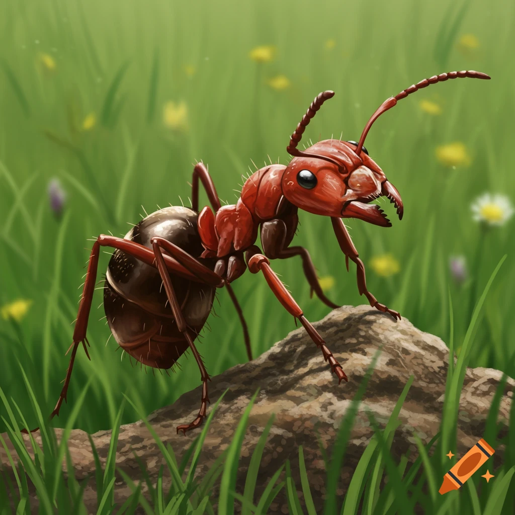 A close-up illustration of a red and black ant on a rock in grass.