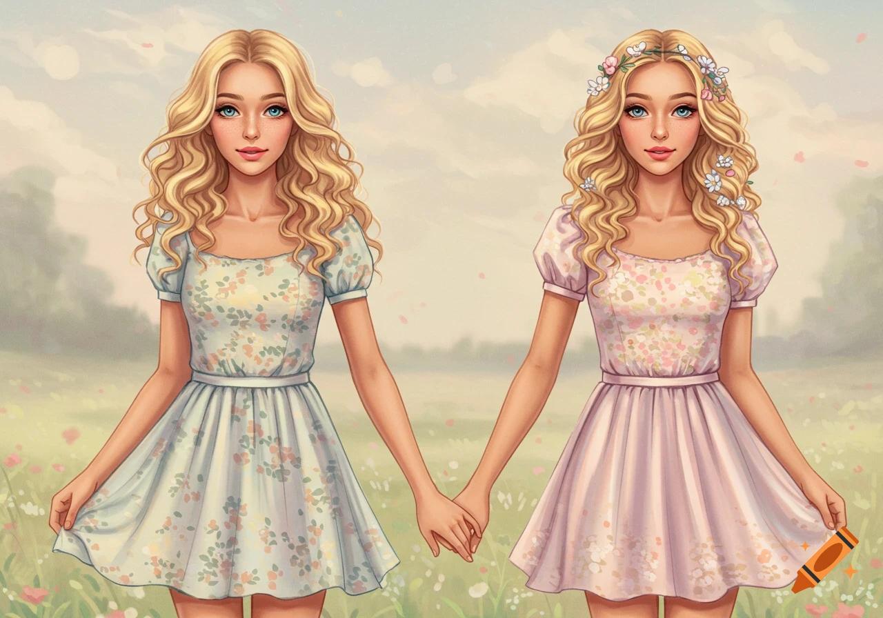 Two young women in floral dresses hold hands in a field, illustration style