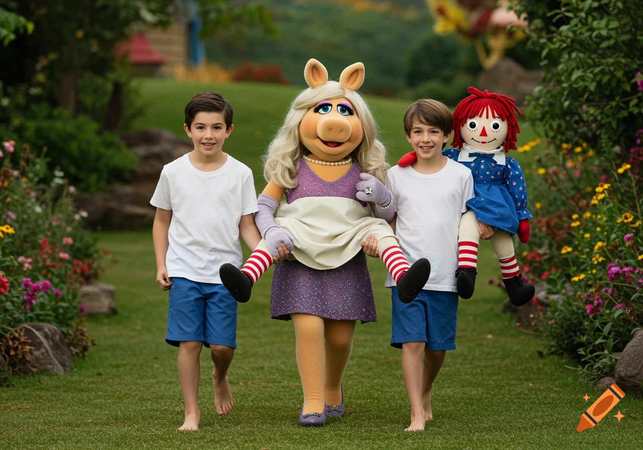 Miss Piggy and a Raggedy Ann doll carry two young boys walking in a garden.