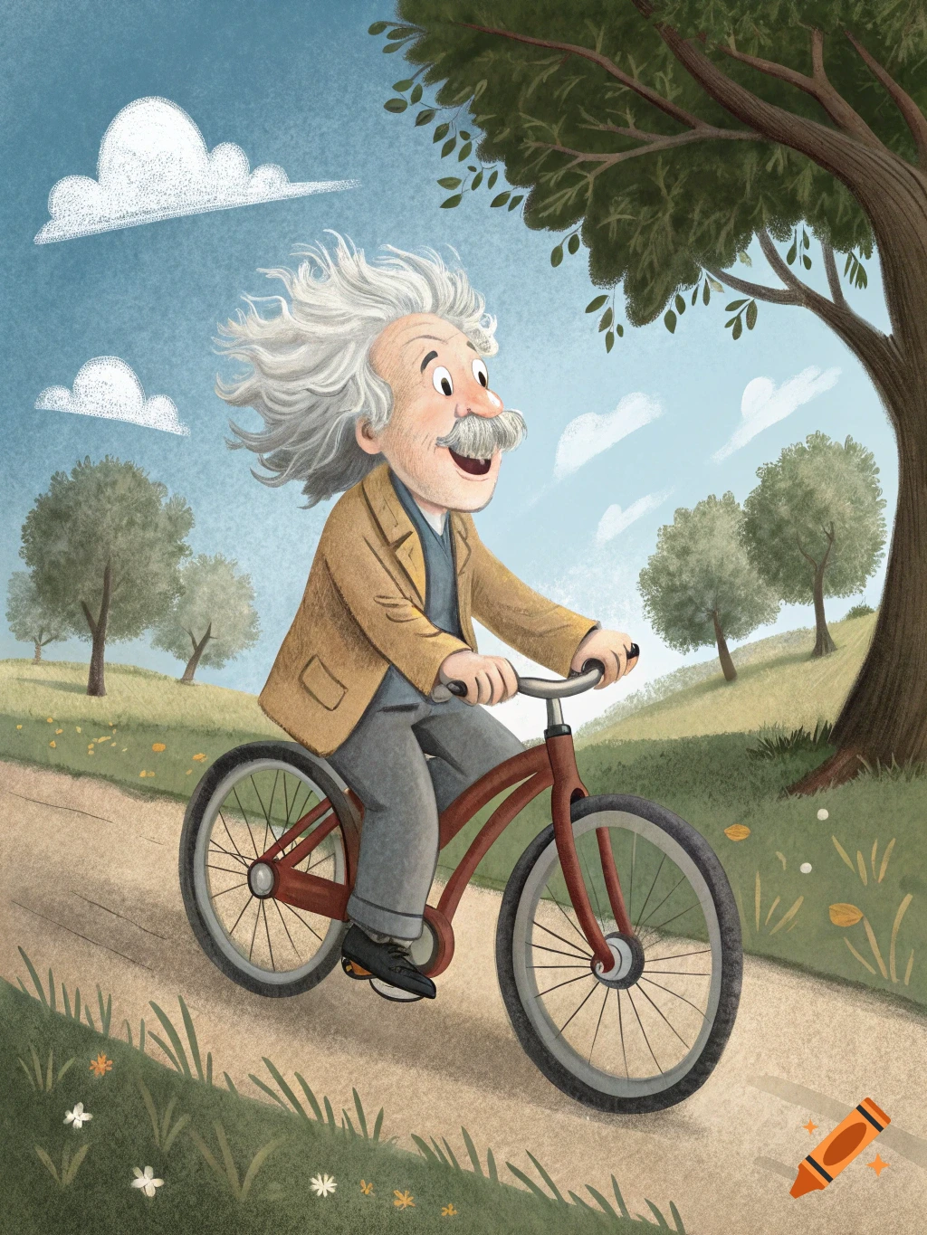 Cartoon illustration of Albert Einstein riding a bicycle outdoors.