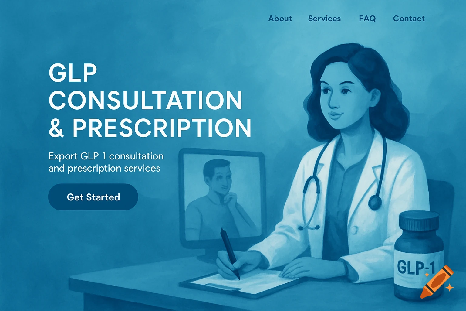 Stylized illustration of a doctor providing GLP consultation and prescription services with website text overlay.