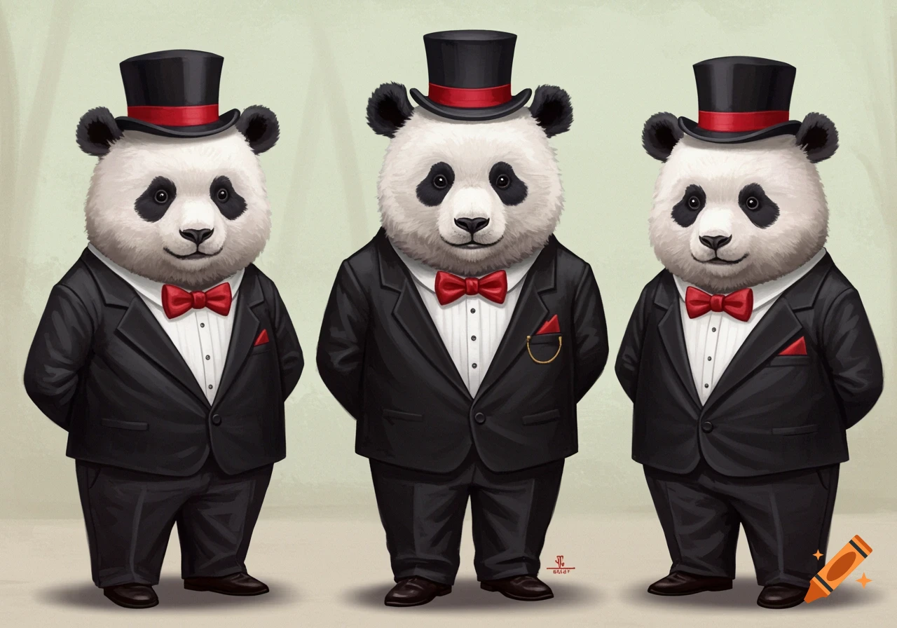 Three panda bears wearing tuxedos, red bowties, and top hats.
