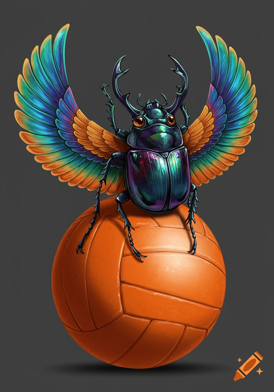 A colorful winged scarab beetle sits atop an orange volleyball.