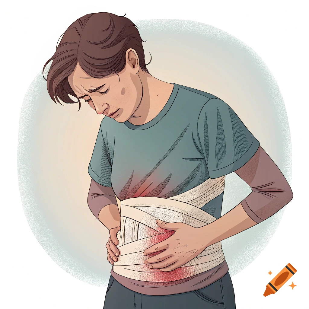 An illustration of a person holding their injured stomach, wrapped in a bandage.