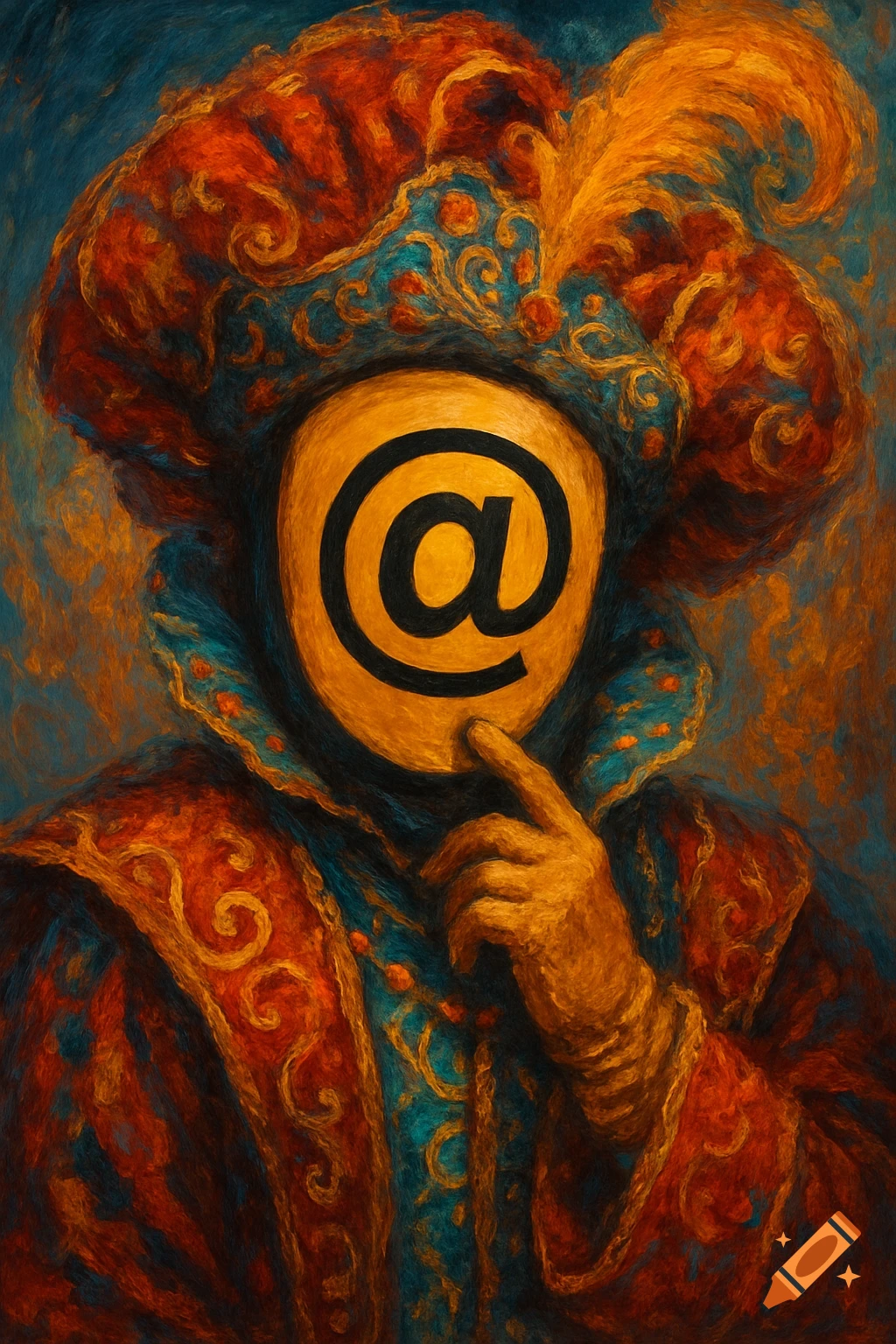 A Venetian Carnival figure wears an email icon mask in a painterly style.