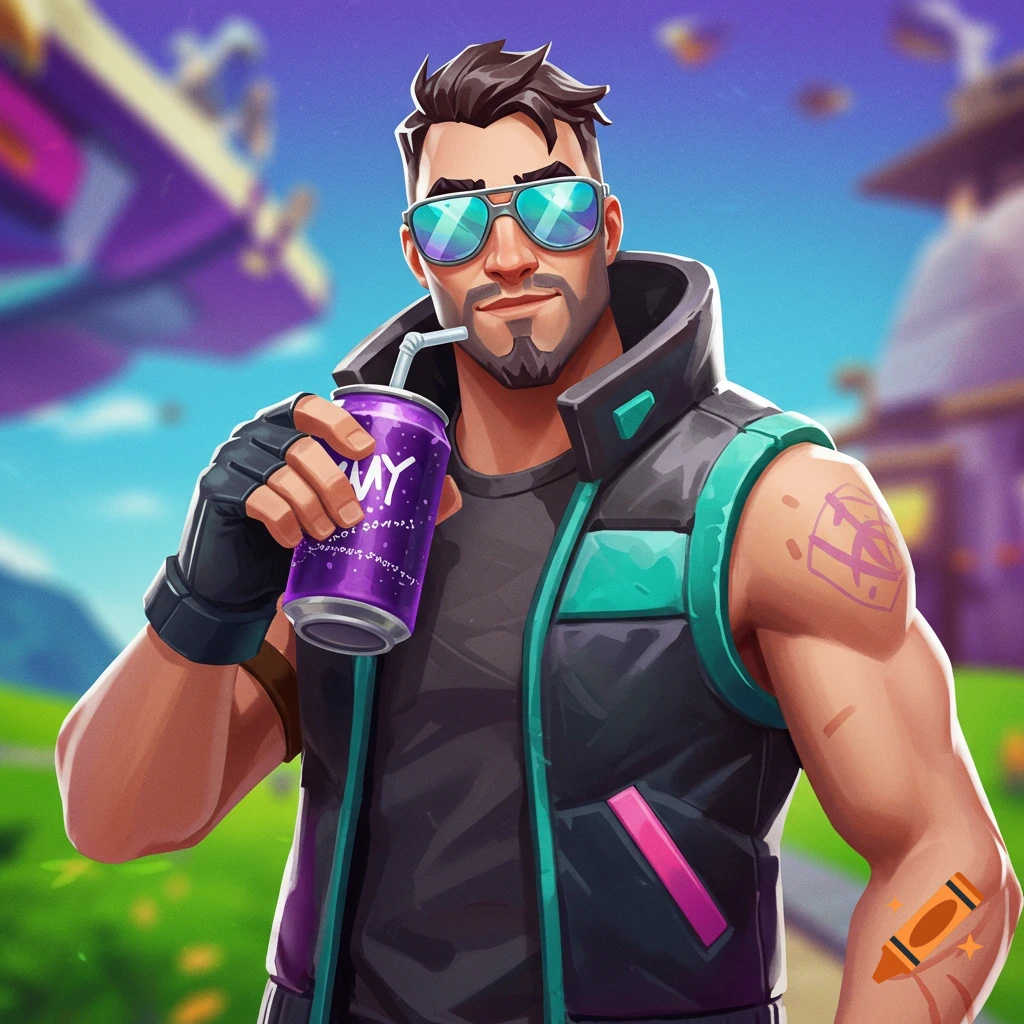 A stylized character in sunglasses holds a purple drink.