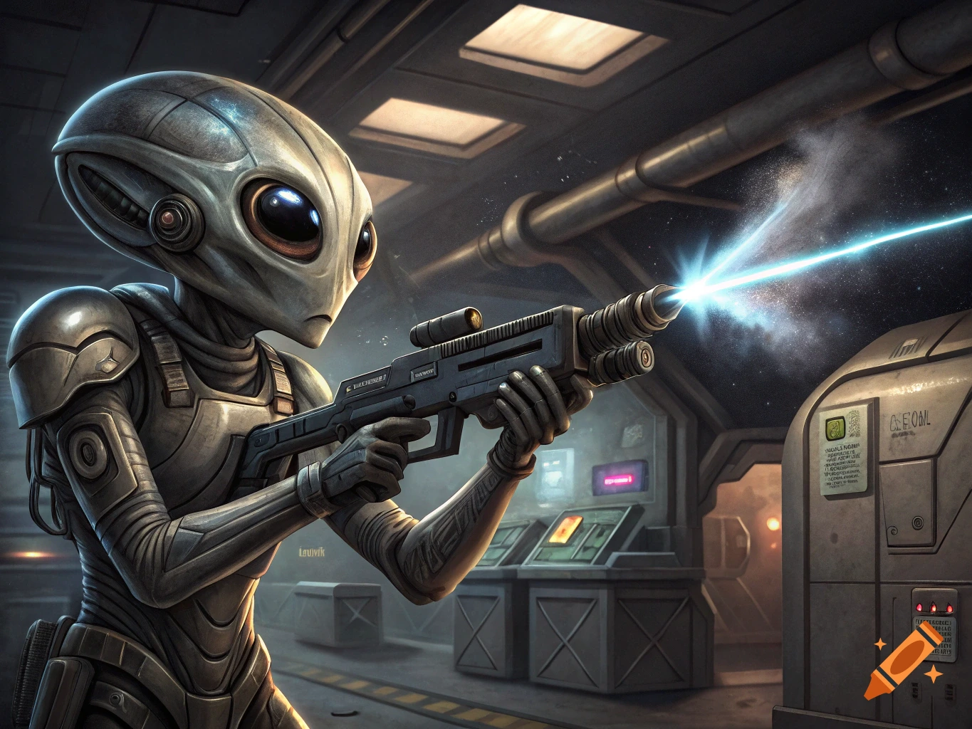 An alien in a space station holds a futuristic gun, firing a blue laser beam.