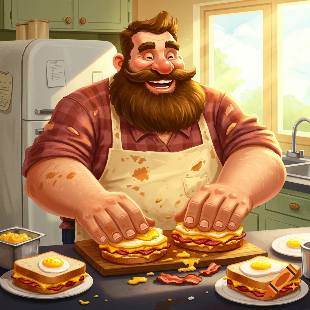 Illustration of a smiling man with a beard making egg and bacon breakfast sandwiches in a kitchen.