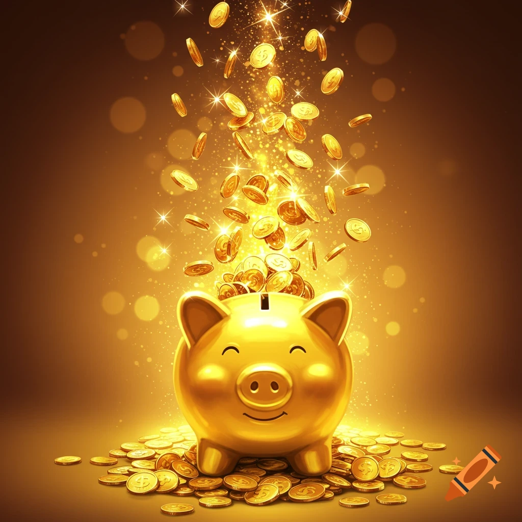 A golden piggy bank sits overflowing with shiny gold coins, with more coins falling from above against a sparkling gold background.