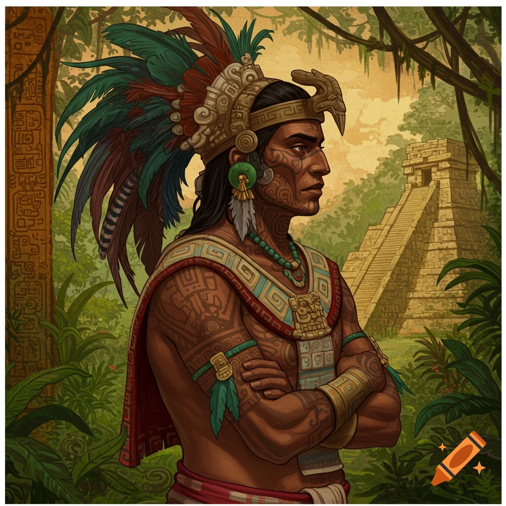 A Mayan man with a feathered headdress and body markings stands in a jungle before a pyramid.