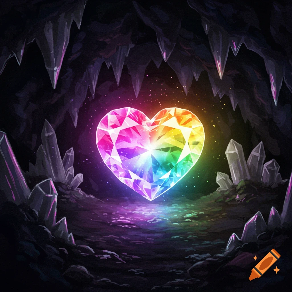 A large, glowing rainbow heart-shaped gem sits amidst crystals in a dark cave.