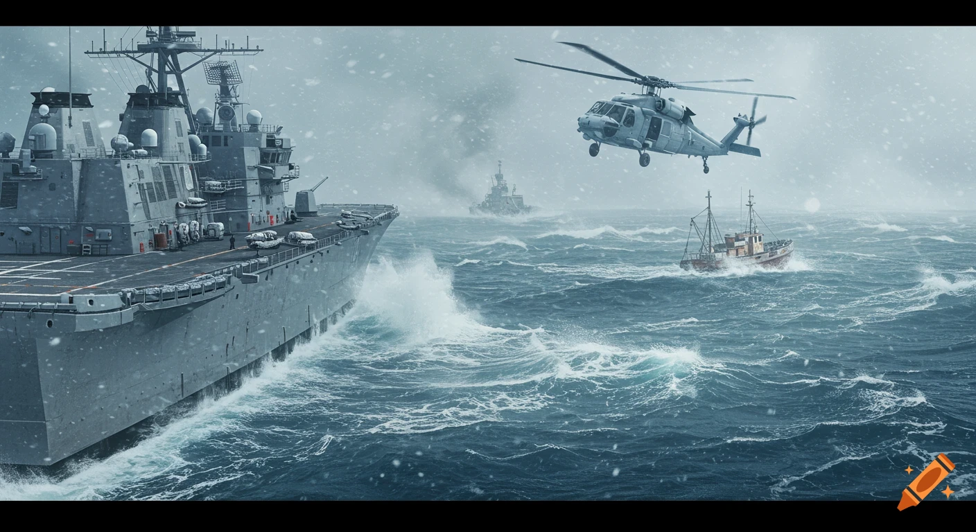 Large warship and helicopter near small boat in a stormy sea snowstorm