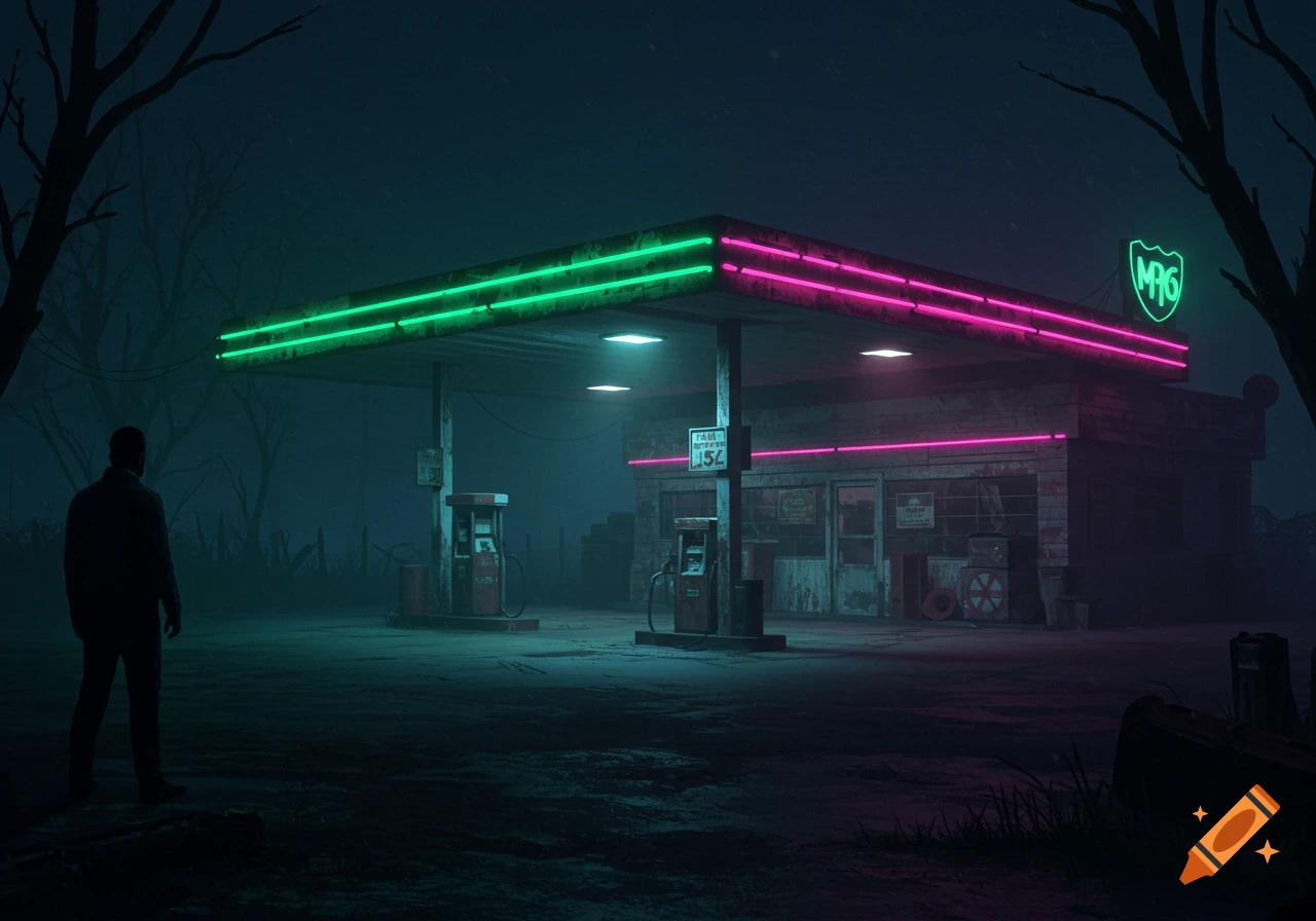 A man stands looking at a creepy gas station lit by green and pink neon lights at night.