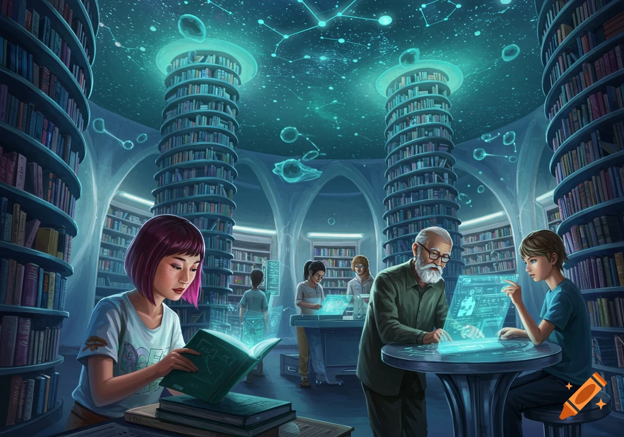 A futuristic library with tall bookshelves, people reading physical and holographic books, and a ceiling resembling a starry sky.