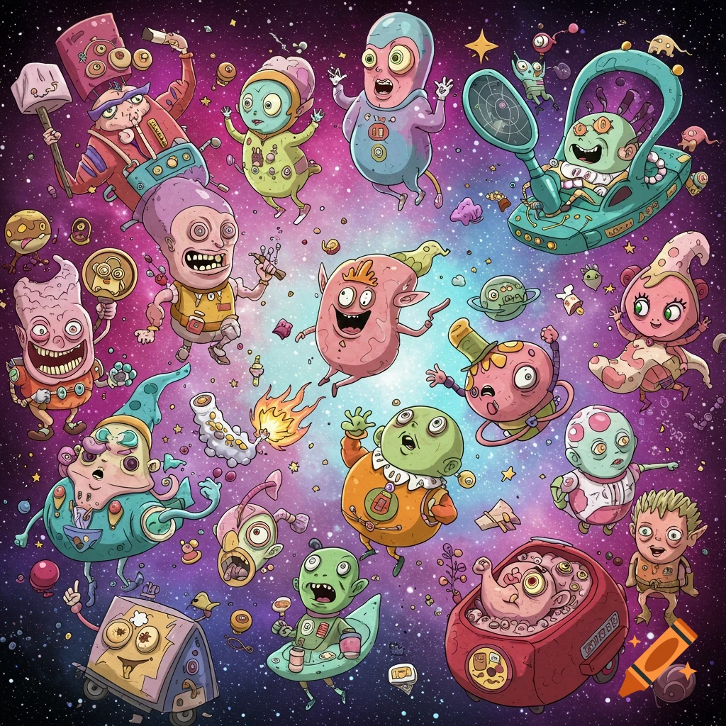 A colorful, surreal illustration of various strange, cartoony alien-like creatures floating in a starry galaxy.