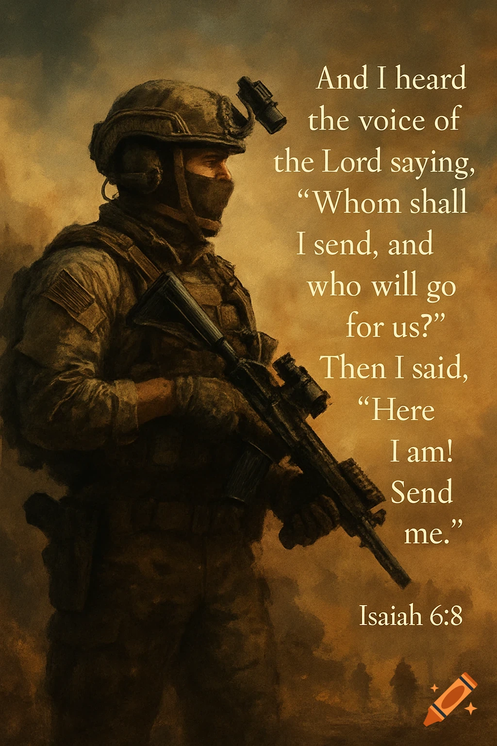 A soldier with a rifle and a Bible verse overlay.