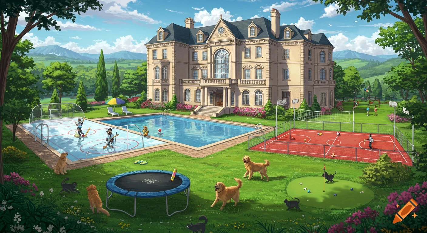 Illustration of a large mansion with a backyard featuring a pool, sports courts, trampoline, dogs, and cats.
