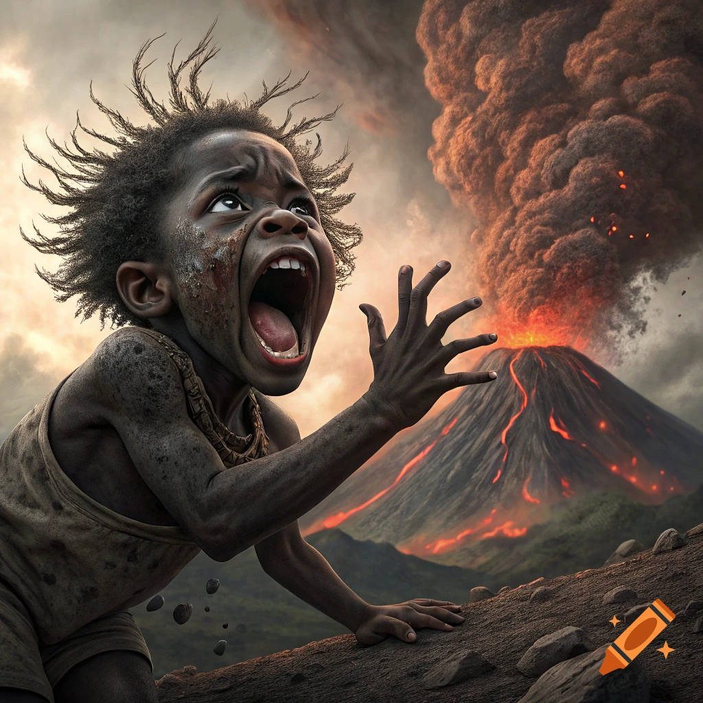 A child screams in terror, reaching out as a volcano erupts behind them.